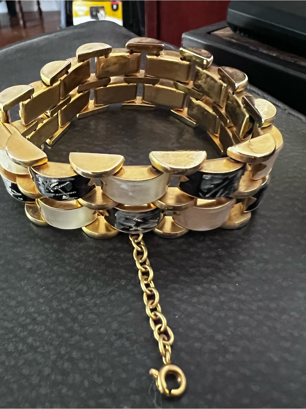 Gold-Tone Bracelet with Black and Cream mother-of-pearl Links - Picture 6 of 11